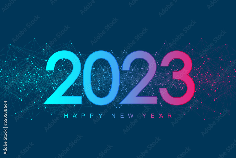 Poster Modern futuristic technology template for Merry Christmas and Happy New Year 2023 with connected lines and dots. Plexus geometric effect. Global network connection. Vector illustration.
