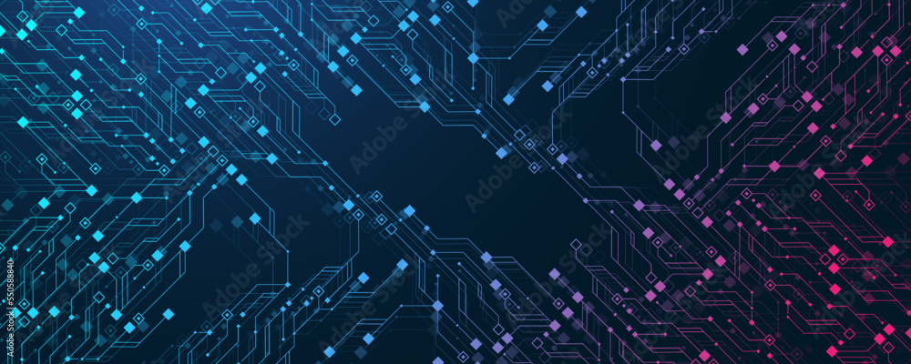 Poster Quantum computer technologies concept. Futuristic blue circuit board background vector. Modern technology circuit board texture background design. Waves flow. Quantum explosion technology.