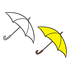 yellow umbrella. vector graphics, hand drawn, in color and outline.