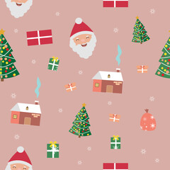 christmas seamless pattern with santa claus and christmas tree and bag  and gifts and house