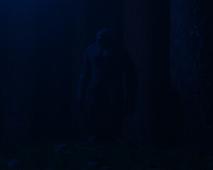 3d illustration of the Gugwe variant of Bigfoot standing in a forest lit by soft blue light