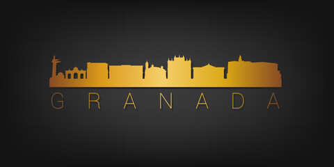 Naklejka premium Granada, Spain Gold Skyline City Silhouette Vector. Golden Design Luxury Style Icon Symbols. Travel and Tourism Famous Buildings.