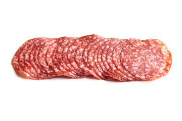 Thin sliced salami sausage isolated on white. Thin sliced italian dry salame
