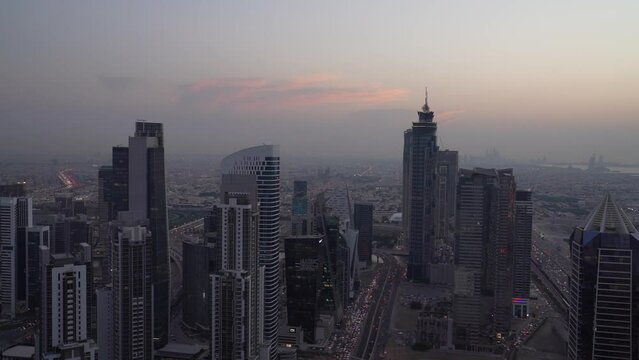 Sunset Skyscrapers and towers in the atmosphere of the city of Dubai