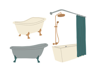 Retro bathtub with legs, bathtub with screen and faucet. Bath for washing. Set of vector isolated illustrations on a white background.