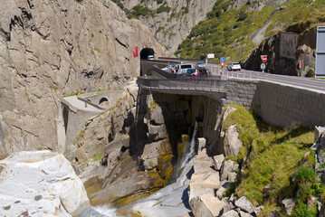 Famous Devil's Bridge at Schöllenen Gorge, Canton Uri, on a sunny late summer day. Photo taken...