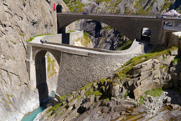 Famous Devil's Bridge at Schöllenen Gorge, Canton Uri, on a sunny late summer day. Photo taken...