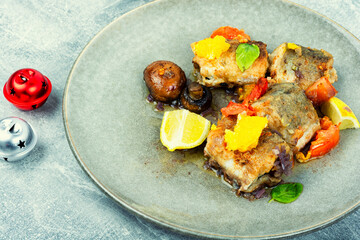 Baked dietary sea fish hake, Christmas food