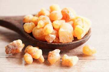 Frankincense or olibanum aromatic resin used in incense and perfumes.