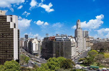 Panoramic view of Buenos Aires skyline from Clock Tower over financial center and Retiro district.