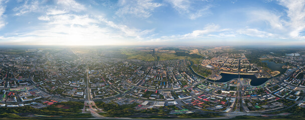 Yoshkar-Ola, Russia. Panorama of the city center during sunset. Aerial view. Panorama 360