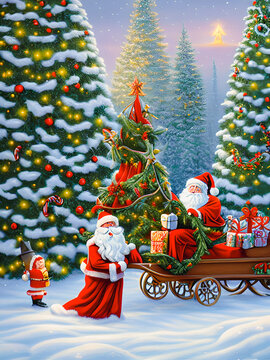 Artistic concept painting of Santa Claus with gifts in winter