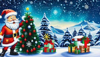 Fototapeta premium Artistic concept painting of santa claus with gifts in winter