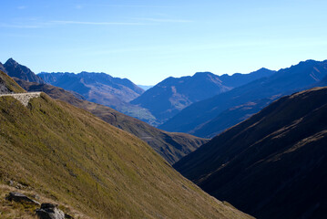 Scenic view over Ursern Valley from Swiss mountain pass Furkapass on a sunny late summer morning. Photo taken September 12th, 2022, Furka Pass, Switzerland.