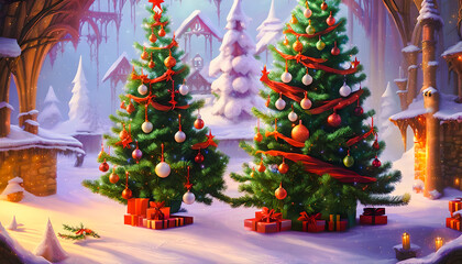 Fototapeta na wymiar Artistic concept painting of a beautiful christmas tree in eve time.