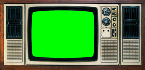 Front view, close-up, vintage old television with chroma key green screen for designer. Antique TV, old technology