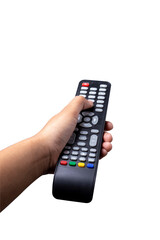Woman hand holding TV remote control with clipping path isolated on white background.