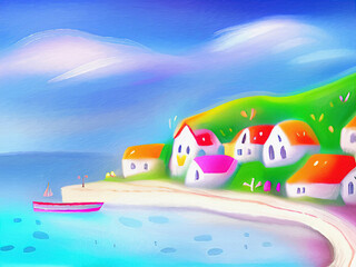 Village by the sea, digital painting naive whimsical art