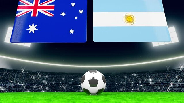 National Flags of Australia and Argentina opening from top. Football or soccer ball on a green field of a floodlit stadium full of crowd flashing cameras. 