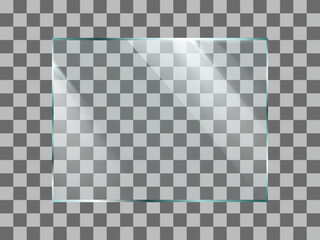 Reflecting glass plate or banner. Rectangle clear window with light reflections. Realistic vector illustration isolated on transparent background.