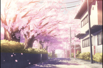 Sakura Tree Petal Falling down on Street of Japan.  Digital Illustration
