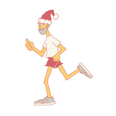 Santa claus runs in shorts and a t-shirt. Shows a thumbs up. New Year holiday concept. Side view. Stock vector illustration of a running Santa Claus. Isolated white background.