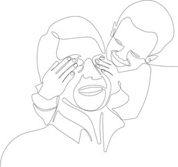 Hugs of a father with a child. One continuous line drawing banner, background, poster with family embrace. Happy Father Day simple vector illustration of child and father. Vector illustration