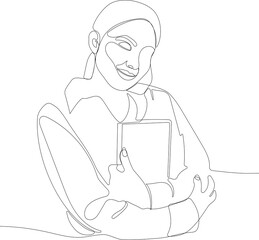 One continuous line is the concept. Vector illustration. Continuous line drawing of focused young woman using laptop typing on keyboard writing email or message for your design minimal