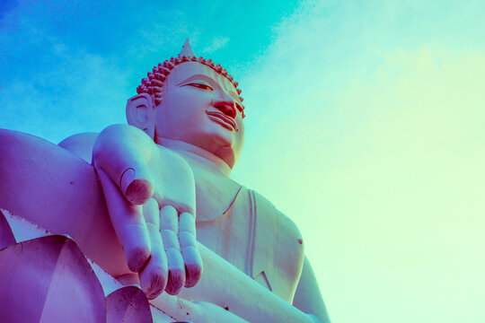 Buddhas of Wat Thep Phithak Punnaram in Nakhon Ratchasima.Vintage and retro filter.
