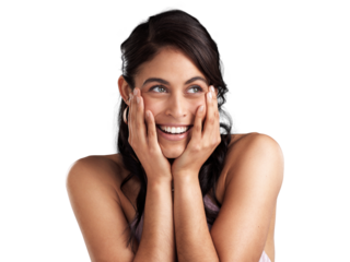 PNG Shot of a beautiful young woman pondering with her hands rested her chin and face against a pink background