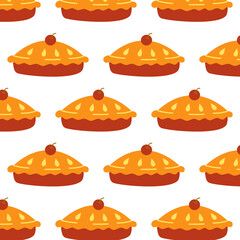 Seamless decorative colorful vector pattern of festive sweet pie in pastel brown and yellow colors. Sweet baked goods. The design is ideal for background, decoration, wrapping paper, textiles