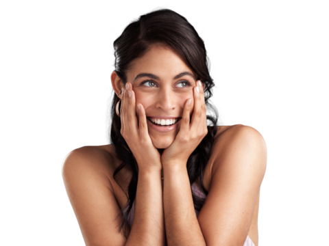 PNG Shot of a beautiful young woman pondering with her hands rested her chin and face against a pink background