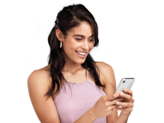 PNG Shot of a beautiful young woman texting on a mobile phone against a pink background