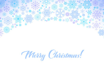 Christmas card with frame of blue and violet snowflakes with Merry Christmas holiday greeting.