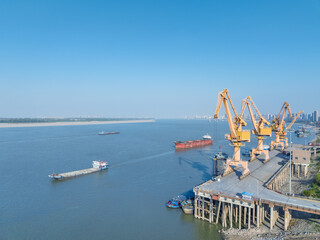 aerial view of port crane by inland river wharf