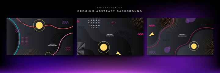 Abstract black background with geometric basic shapes pattern and memphis pop art style. Memphis geometry vector. Colorful shapes pattern, texture and funky color patterns abstract vector backgrounds