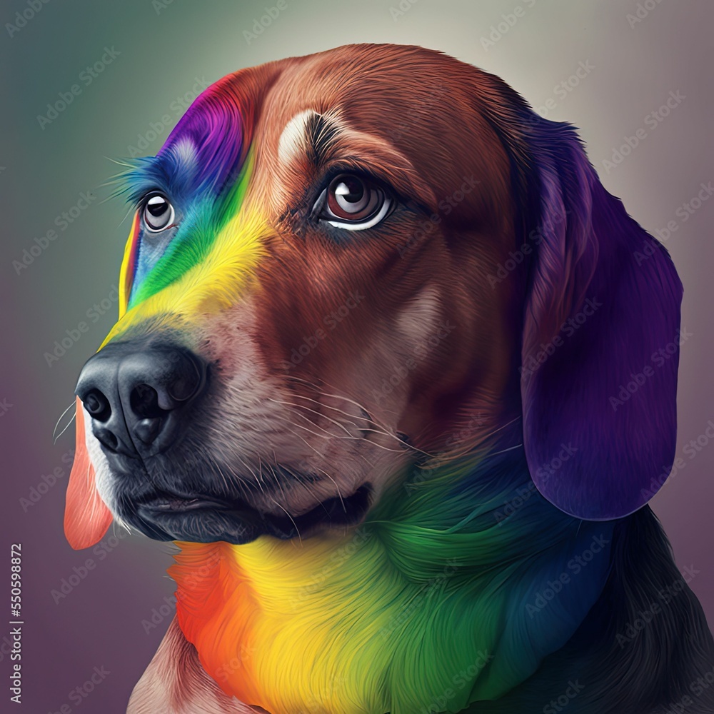Poster hyper-realistic illustration of a cute dog covered in colorful paints on an empty background
