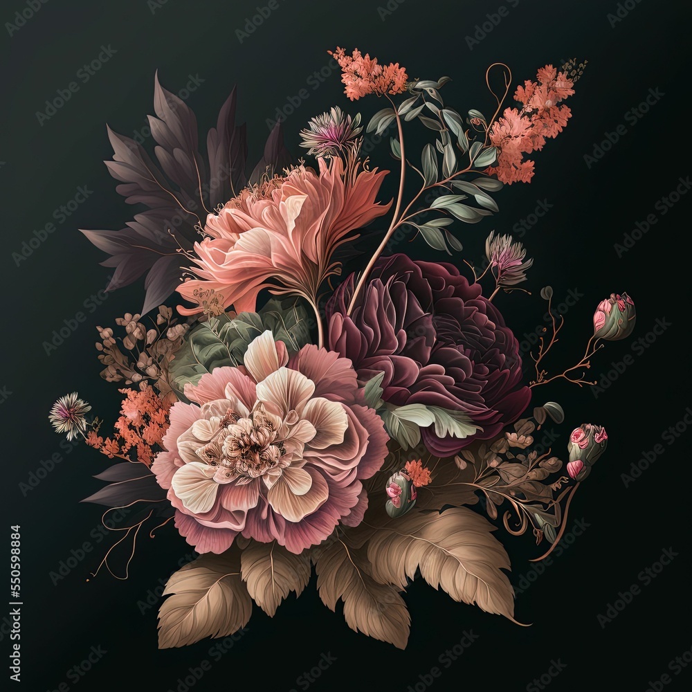 Poster hyper-realistic illustration of a bouquet of delicate flowers isolated on an empty dark background