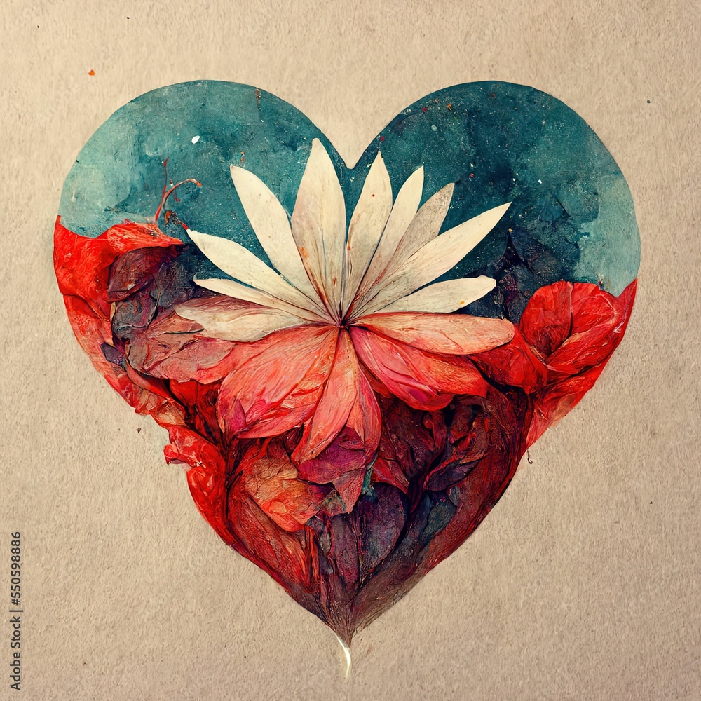 Poster Illustration of a drawing of a heart with a delicate flower inside isolated on an empty background