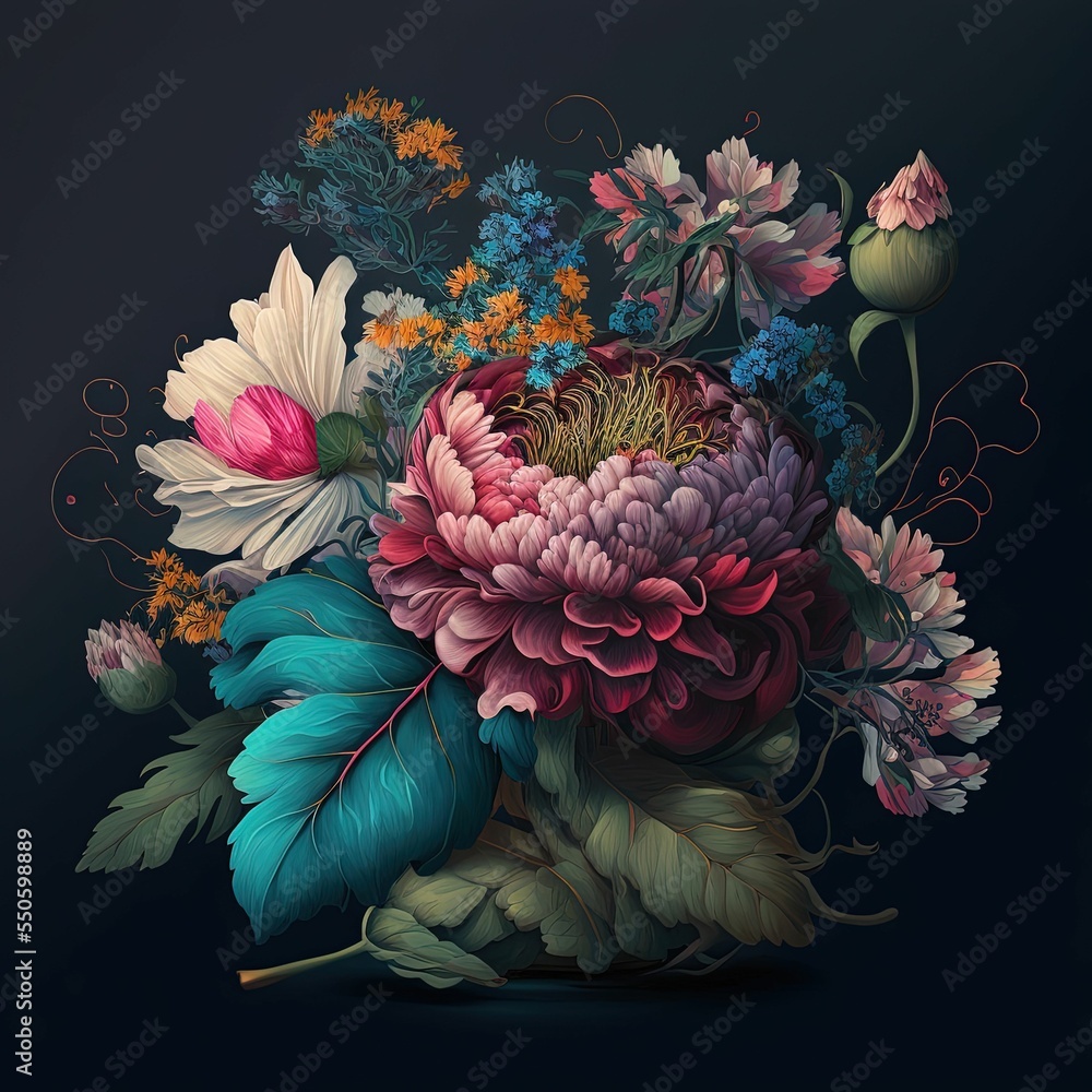 Poster hyper-realistic illustration of a bouquet of delicate flowers isolated on an empty dark background