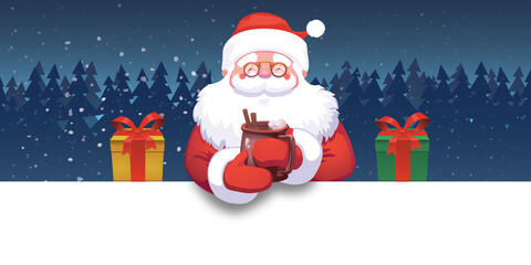Smile cute cartoon santa claus with hot ccocolate cacaco presents above forest snowing Christmas concept 	
