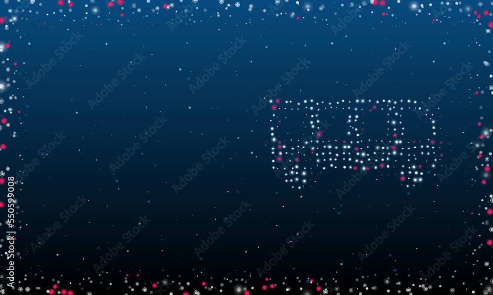 Poster on the right is the bus symbol filled with white dots. pointillism style. abstract futuristic frame 