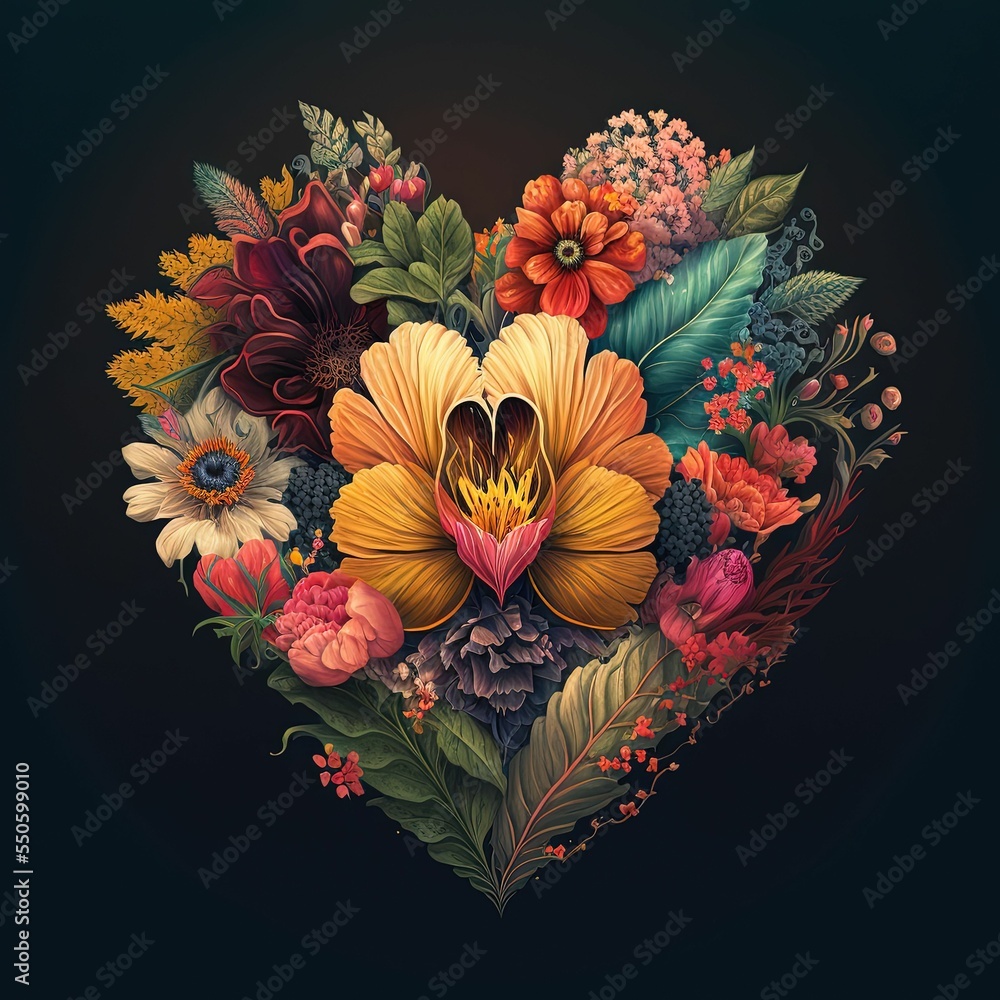 Sticker beautiful illustration of a heart-shaped symbol with flowers isolated on an empty dark background