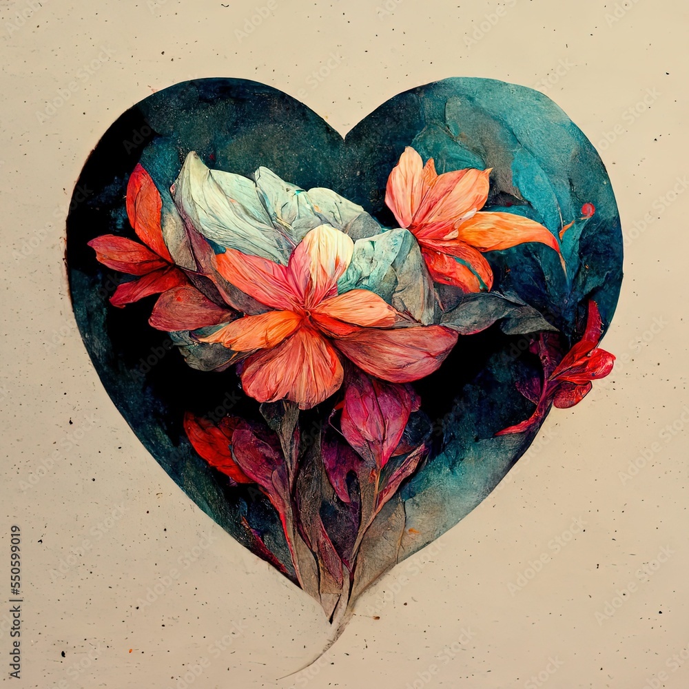 Poster illustration of a drawing of a heart with a delicate flower inside isolated on an empty background