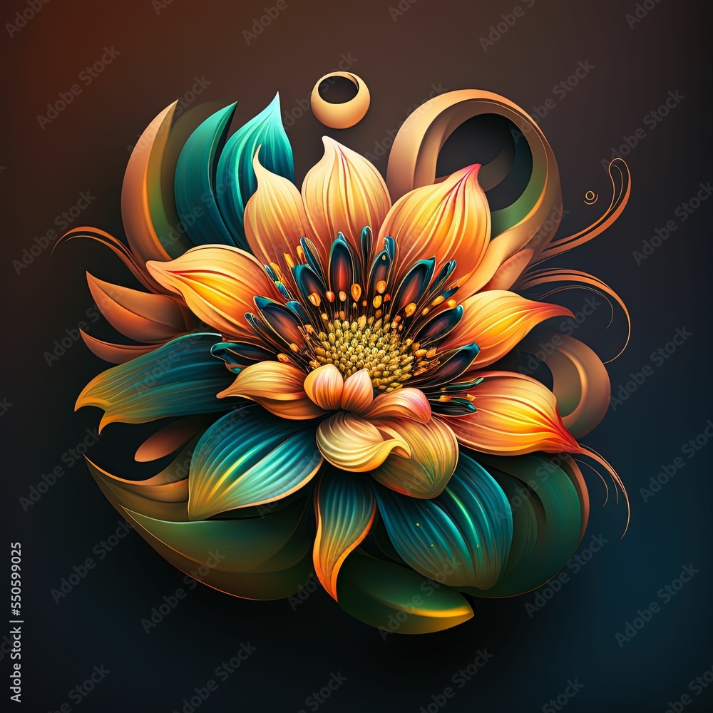 Poster hyper-realistic illustration of a big delicate flower isolated on an empty dark background