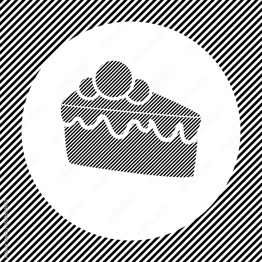 Poster a large piece of cake symbol in the center as a hatch of black lines on a white circle. interlaced e