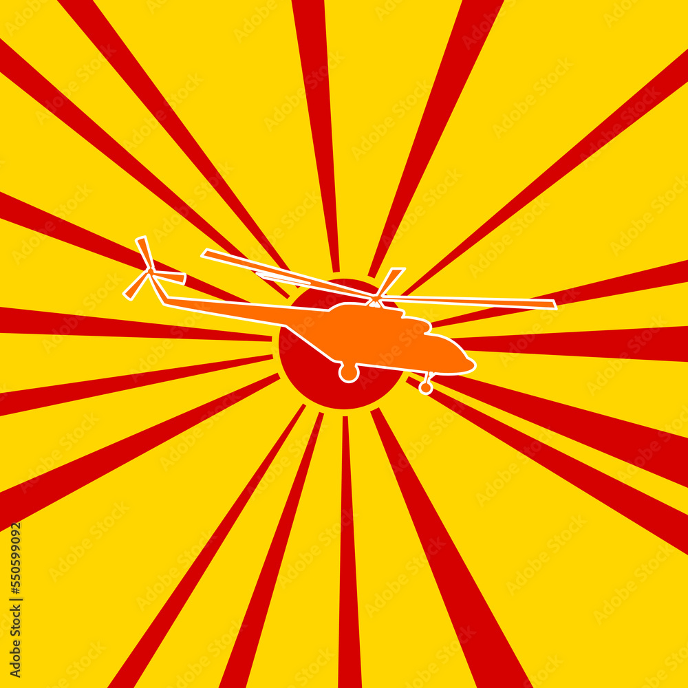 Poster helicopter symbol on a background of red flash explosion radial lines. the large orange symbol is lo