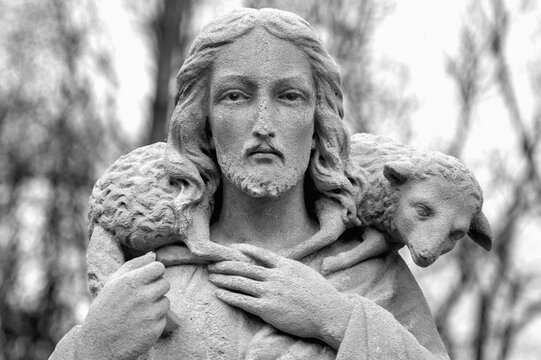 Jesus Christ Good Shepherd. In the Christian tradition, a symbol of human importance to God. Black and white image.