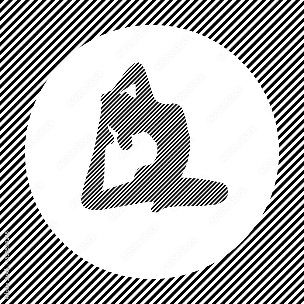 Poster a large yoga stretching pose symbol in the center as a hatch of black lines on a white circle. inter