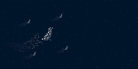 Fototapeta premium A dog symbol filled with dots flies through the stars leaving a trail behind. Four small symbols around. Empty space for text on the right. Vector illustration on dark blue background with stars